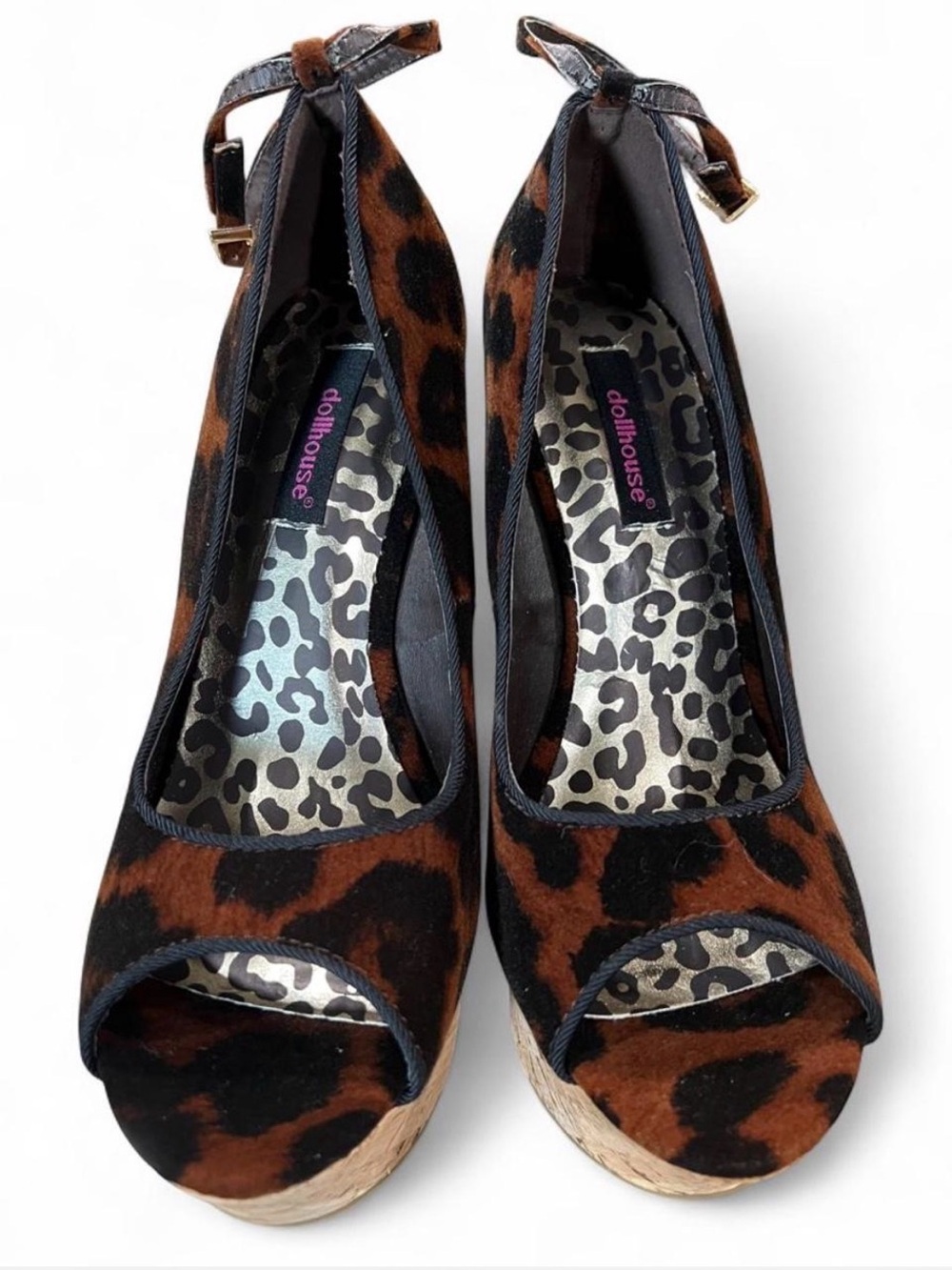 Dollhouse Leopard-Print Open-Toe Wedge Sandals in Brown & Black